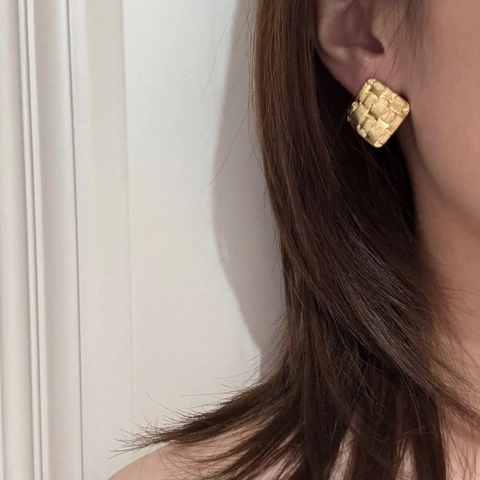 Quadratische Ohrstecker Gewebte Textur 18K Vergoldet Gebürstetes Kupfer Geometrischer Minimalistischer Schmuck Für Frauen