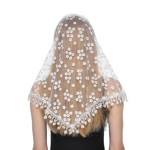 Women Lace Floral Triangle Scarf Polyester Mesh Hollow Out Shawl With Tassel Breathable Mantilla Veil For Travel Daily Decor