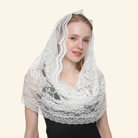 Women Floral Lace Mantilla Veil Catholic Church Chapel Headscarf Elegant Triangle Lace Scarf Shawl For Wedding Religious Ceremony