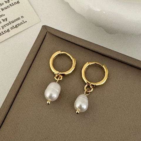 Orecchini A Cerchio Con Perle D'acqua Dolce Barocche Vintage Francese Con Pendente In Rame Placcato Oro Per Donna