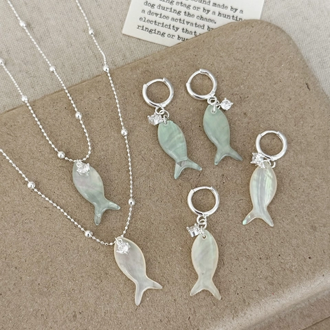 Fish Pendant Necklace Earrings Shell Jewelry With 925 Sterling Silver Earring Post Zircon Crystal Elegant Accessory Women