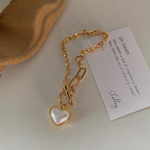 Heart Charm Bracelet Gold Plated Copper With Mother Of Artificial Pearl Shell Inlay Toggle Clasp French Retro Jewelry For Women