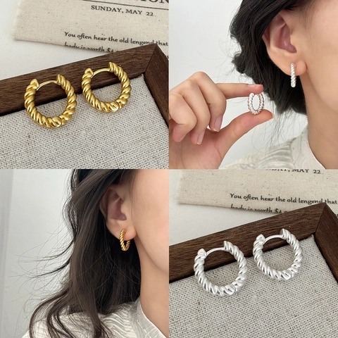 Minimalist Twisted Rope Hoop Earrings Copper Plated Geometric Vintage French Style Fashion Jewelry For Women Elegant