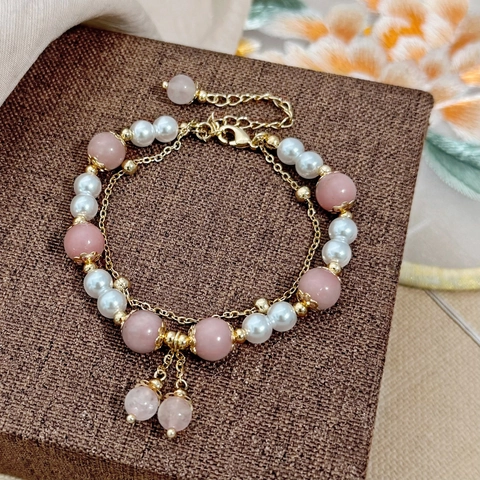 Double Layer Copper Bracelet Pink Natural Stone Elegant Artificial Pearl Gold Plated Adjustable Jewelry Gift For Women Retro Style