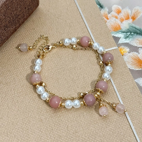Double Layer Copper Bracelet Pink Natural Stone Elegant Artificial Pearl Gold Plated Adjustable Jewelry Gift For Women Retro Style