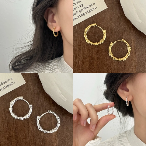 Irregular Lava Texture Hoop Earrings With Copper Earring Post Organic Molten Minimalist Designer Jewelry For Women