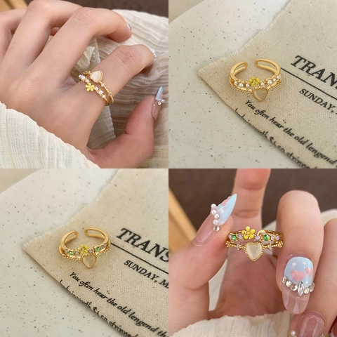 Anello Regolabile In Rame Con Pietra Occhio Di Gatto A Forma Di Cuore Perla Artificial Fiore Smalto E Zircone Gioielli Eleganti Per Donne