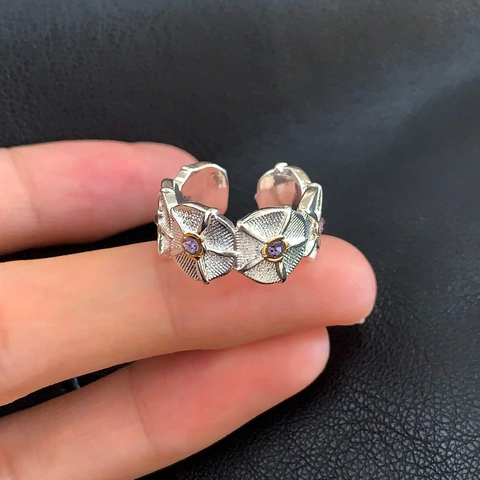 Anillo Ajustable Floral Cobre Con Piedra Preciosa Morada Patrón De Flores Vintage Joyería Para Mujeres