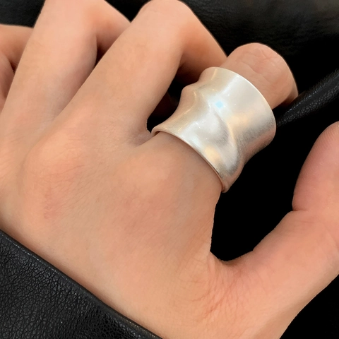 Wide Band Wave Ring Brushed Matte Copper Adjustable Open Jewelry For Women Men Gold Silver Plated Geometric Minimalist