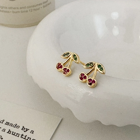 Fruit Stud Earrings 14k Gold Plated Copper With Colorful Cubic Zirconia Cherry Pineapple Grape Design Sweet Fashion Jewelry For Women