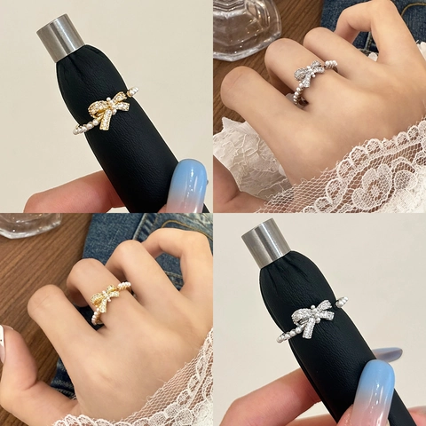 Bowknot Artificial Pearl Adjustable Open Ring Zircon Micro Pave Elegant French Light Luxury Jewelry For Women