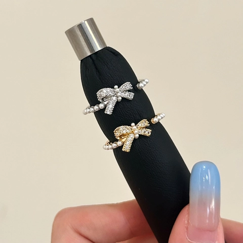 Bowknot Artificial Pearl Adjustable Open Ring Zircon Micro Pave Elegant French Light Luxury Jewelry For Women