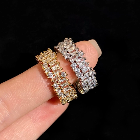 Anillo Abierto Ajustable De Circonita Cobre Chapado En Oro Geométrico Ondulado Joyería Minimalista Para Mujer