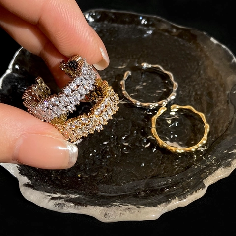 Anillo Abierto Ajustable De Circonita Cobre Chapado En Oro Geométrico Ondulado Joyería Minimalista Para Mujer