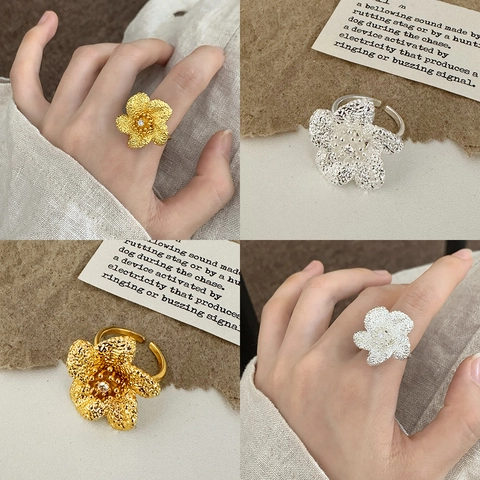 Large Flower Ring Copper Hammered Textured Adjustable Open Zircon Inlaid Elegant Jewelry For Women