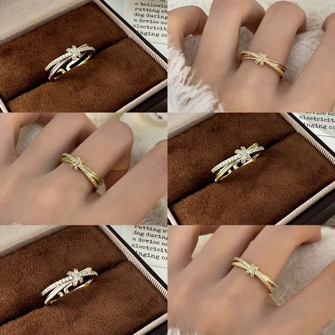 Bague Croisée Double Couche En Cuivre Avec Zircon Et Émail Réglable Étoile Fleur Bijoux De Doigt Pour Femmes