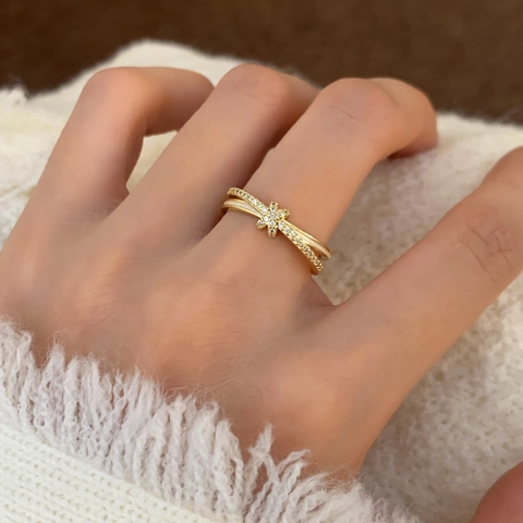 Bague Croisée Double Couche En Cuivre Avec Zircon Et Émail Réglable Étoile Fleur Bijoux De Doigt Pour Femmes