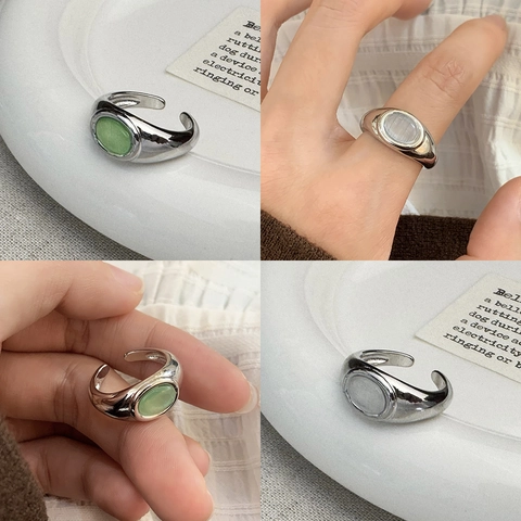Anello Aperto In Rame Vintage Con Pietra Occhio Di Gatto Ovale Regolabile Gioielli Di Moda Per Donne