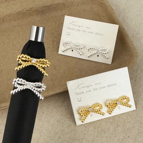 Koperen Strass Strik Sieradenset Met 925 Sterling Zilveren Oorbelsteker En Verstelbare Open Ring
