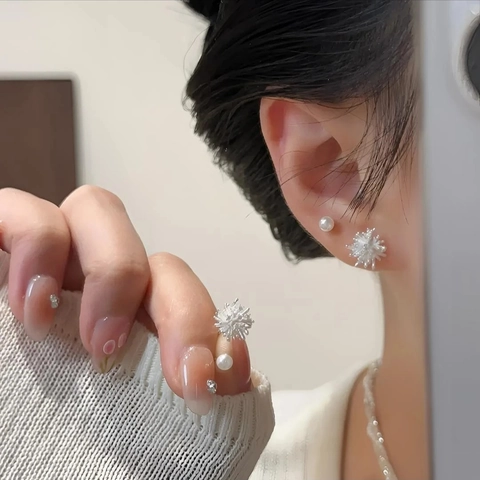 Pendientes De Botón De Perla Artificial Y Flor De Fuegos Artificiales Con Poste De Plata Esterlina 925 Joyas Elegantes Para Mujeres