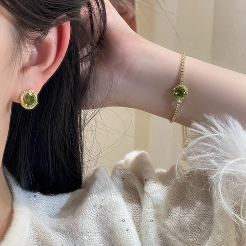 Luxury Olive Green Zircon Halo Stud Earrings And Adjustable Bracelet Copper Real Gold Plated Vintage Jewelry For Women