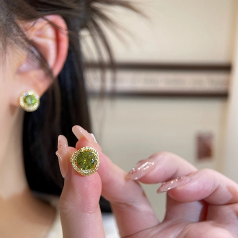 Luxury Olive Green Zircon Halo Stud Earrings And Adjustable Bracelet Copper Real Gold Plated Vintage Jewelry For Women