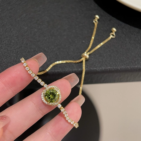 Retro Verde Oliva Zircone Rame Placcato Oro Orecchini A Lobo E Bracciale Regolabile Con Cursore Per Donna Elegante