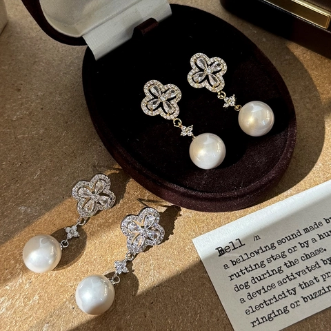 Pendientes Colgantes Flor Con Poste De Cobre Perla Artificial Concha Circonita Incrustada Joyería Elegante Mujer