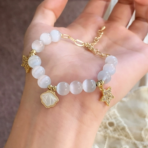 Cat's Eye Stone Beaded Bracelet With 14K Gold Plated Copper Shell Star Zircon Charms Adjustable Jewelry For Women