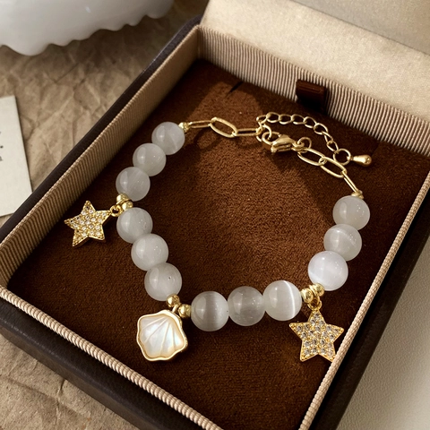 Cat's Eye Stone Beaded Bracelet With 14K Gold Plated Copper Shell Star Zircon Charms Adjustable Jewelry For Women
