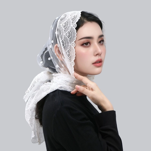 Vintage Lace Polka Dot Mesh Triangle Scarf For Women Scalloped Floral Lace Edge Sheer Mantilla Shawl For Wedding Party Religious Accessories