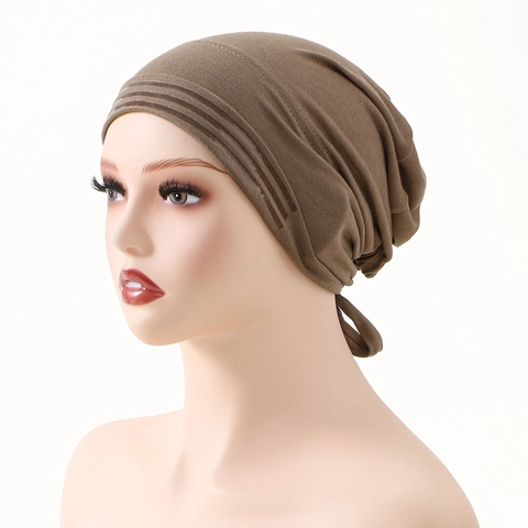 Women Mercerized Cotton Turban Hat Elastic Pleated Hijab Under Cap With Adjustable Straps Anti-Slip Muslim Headwear