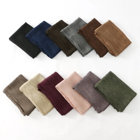 Women Long Scarf Solid Color Crinkle Pleated Shawl Soft Rayon Hijab With Tassel Fringe Elegant Fashion Accessory