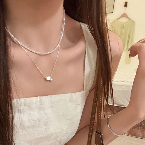 Double Layer Necklace Copper With Synthetic Artificial Pearl Bean Pendant Elegant Light Luxury Jewelry For Women