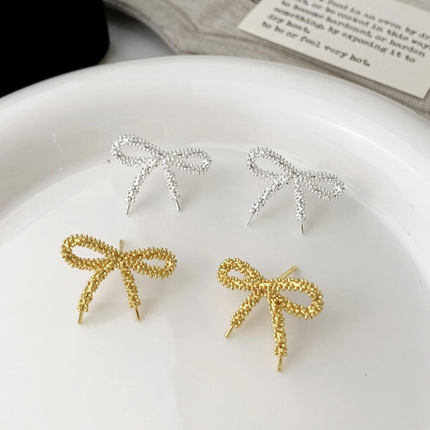 Bow Stud Earrings Copper 18K Gold Silver Plated Textured Irregular Ribbon Elegant Fashion Jewelry For Women