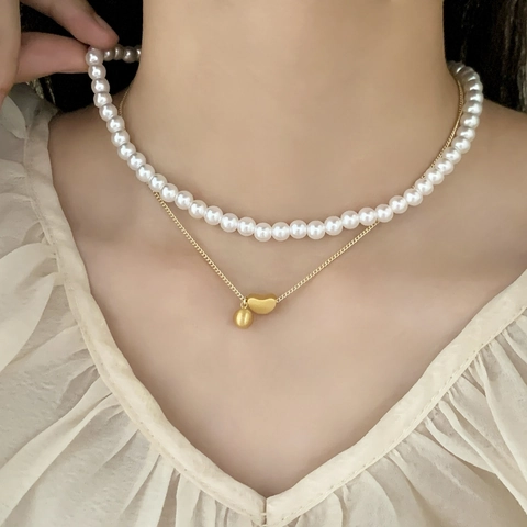 Zweilagige Halskette Elegante Imitation Künstliche Perle Kupferkette Bohnen Herz Anhänger Schmuck Geschenk Für Frauen Verstellbar