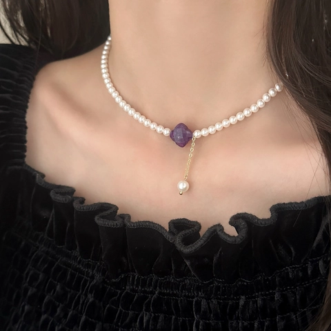 Collar De Perlas Artificiales De Concha Vintage Con Colgante De Cobre De Trébol De Cuatro Hojas De Piedra Natural Joyería Elegante