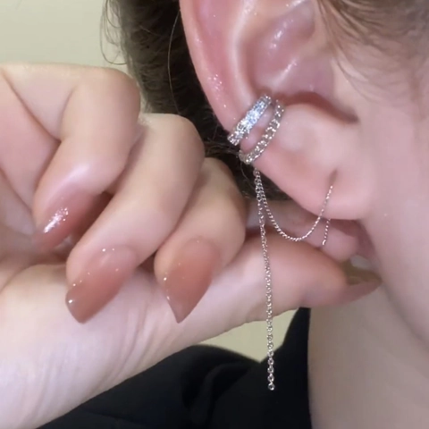 Copper Zircon Tassel Ear Cuff Long Chain Non Pierced Earrings Geometric Double Layer Light Luxury Jewelry For Women