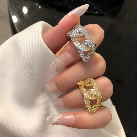 Cuban Link Open Ring Copper 18K Gold Plated Hollow Out Cubic Zirconia Adjustable Luxury Fashion Jewelry For Women