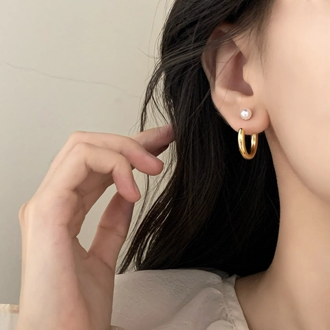 C-Shaped Copper Hoop Earrings With White Faux Artificial Pearl Simple Elegant Geometric Fashion Jewelry For Women