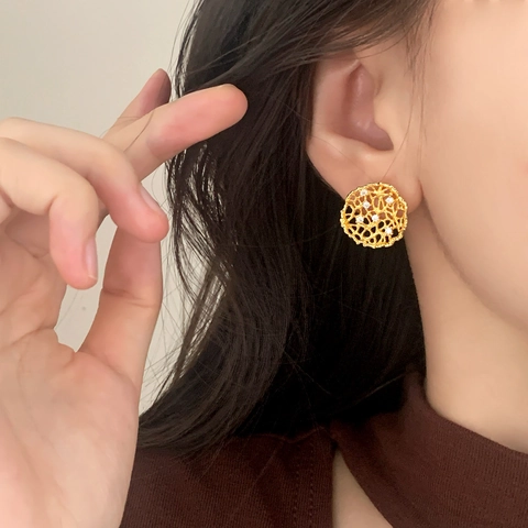 Runde Hohlspitze Ohrstecker Kupfer Zirkon Eingelegt Geometrischer Eleganter Schmuck Für Frauen Vergoldet