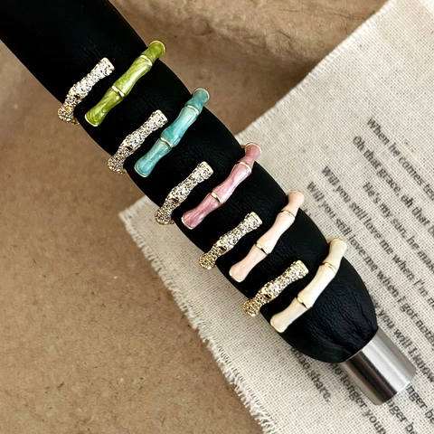 Retro Bambusgelenk Form Offener Verstellbarer Ring Kupfer Emaille Tropfen Zirkonia Eingelegt Minimalistisch Elegant Schmuck Für Frauen