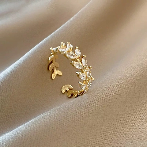 Leaf Vine Adjustable Open Ring Copper With Marquise Cubic Zirconia Elegant Fashion Jewelry For Women Simple Daily Gift