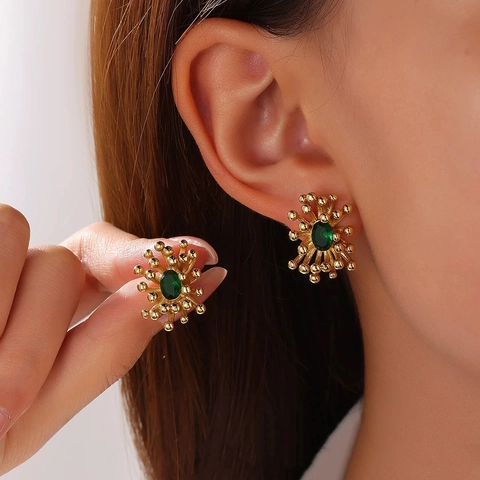 Elegant Green Zircon Firework Stud Earrings Copper Starburst Jewelry For Women Fashion Accessory