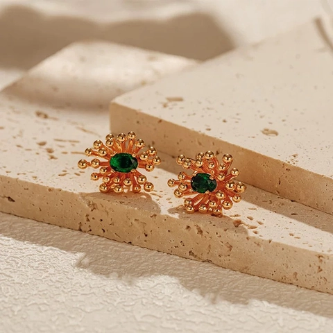 Elegant Green Zircon Firework Stud Earrings Copper Starburst Jewelry For Women Fashion Accessory