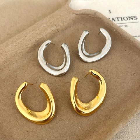 Orecchini A Lobo Irregolari A Forma Di C Rame Placcato Oro 18K Lucido Specchio Gioielli Geometrici Minimalisti Donna