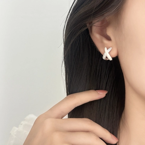 Geometric Cross X Stud Earrings Copper With Enamel And Zirconia With Silver Earring Post Sweet Style Jewelry For Women