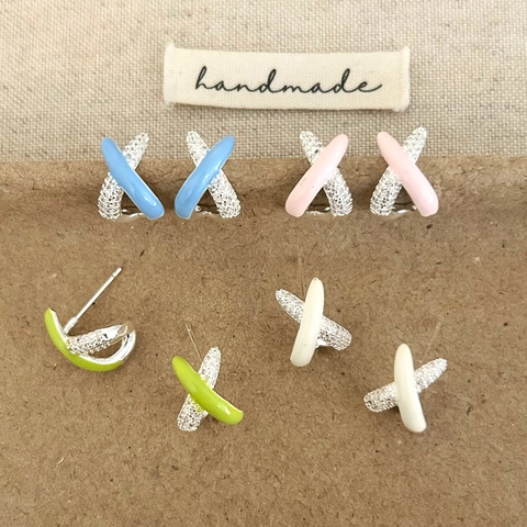 Geometric Cross X Stud Earrings Copper With Enamel And Zirconia With Silver Earring Post Sweet Style Jewelry For Women