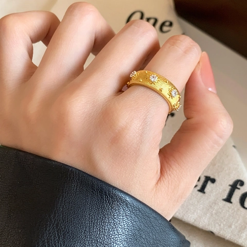 Anello Aperto Regolabile Rame Zirconia Stella A Otto Punte Trama Spazzolata Gioielli Minimalisti Per Donne