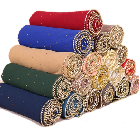 Elegant Chiffon Hijab Shawl For Women With Hot-fix Rhinestone Beaded Edge Trim Solid Color Long Scarf Muslim Headscarf
